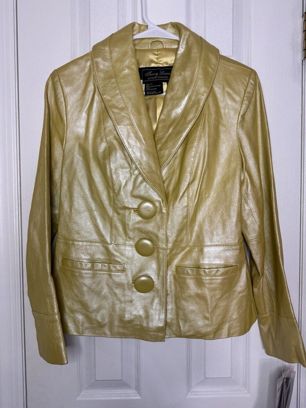 Terry Lewis Women's Gold Leather Collared Lined Button Blazer Jacket PXS